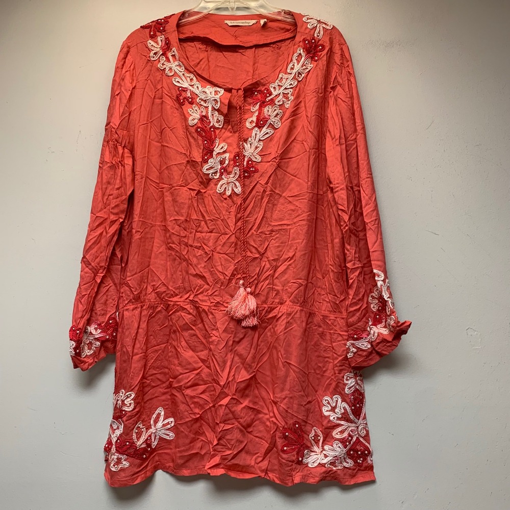 Soft Surroundings Tunic Top Womens XL Coral Excellent Embroidered Beaded 2DF32